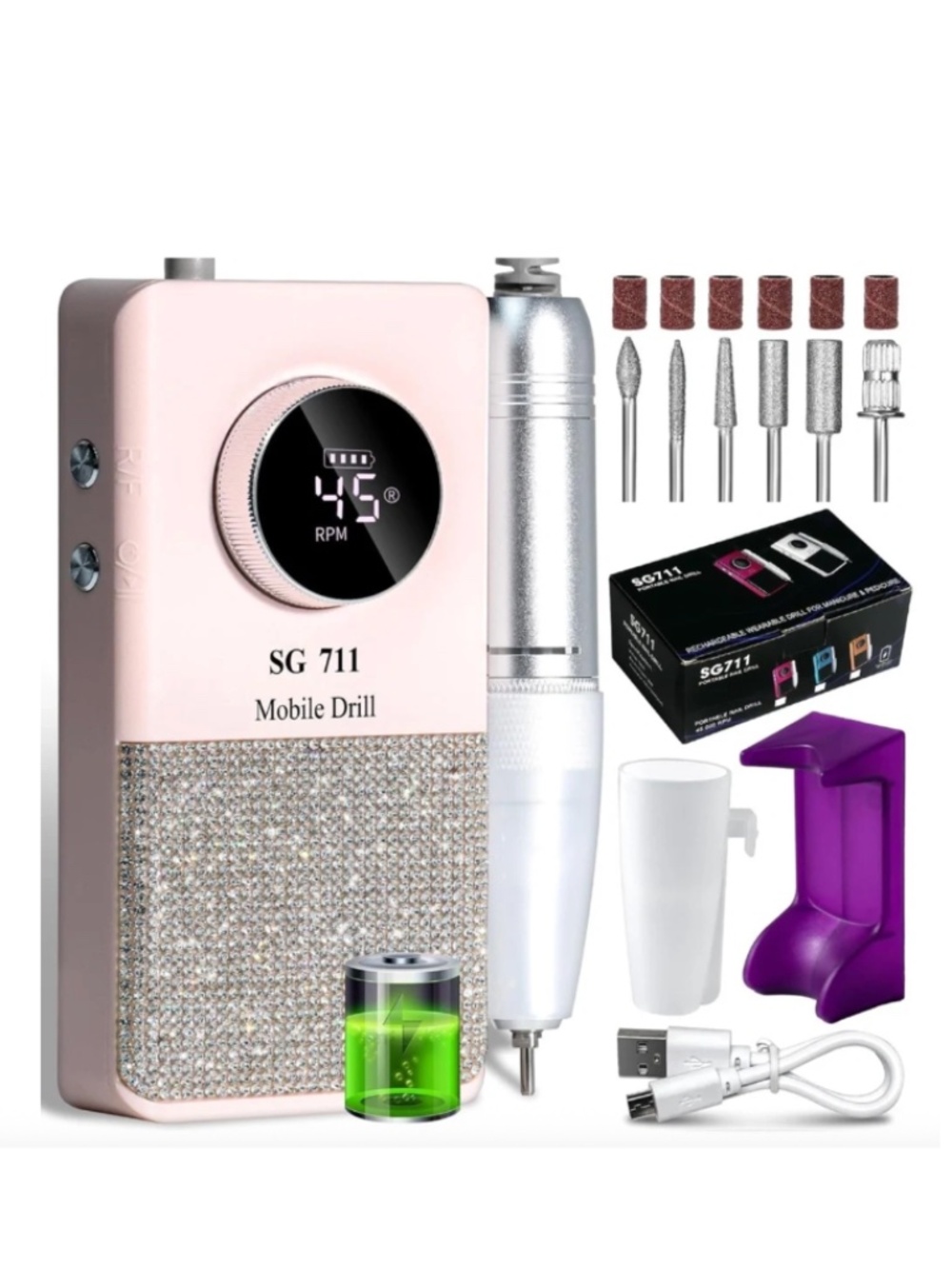 Pink With Rhinestones Nail Drill 45000 RPM Cordless And Rechargeable
